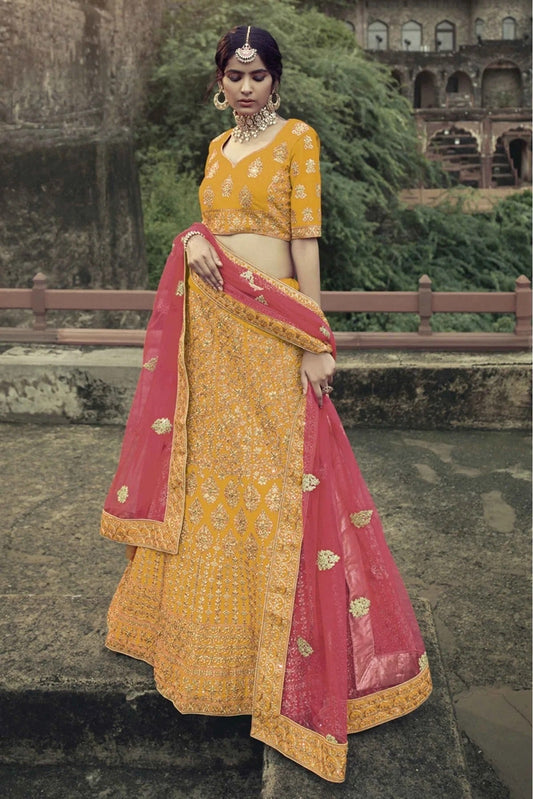 Yellow Satin Thread Lehenga Choli NCLC10810489