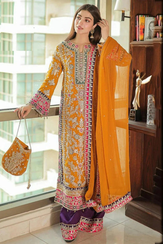 Yellow Semi Stitched Chinon Silk Pakistani Suit NCSM11410478