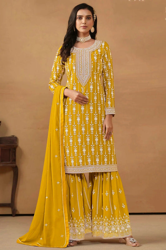 Yellow Semi Stitched Faux Georgette Sharara Suit NCSM10510289