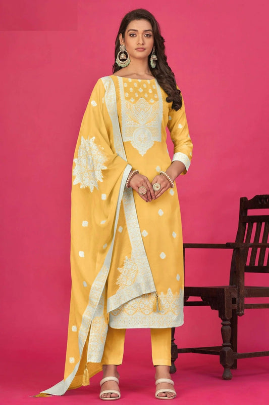 Yellow Semi Stitched Jacquard Straight Suit NCSM11410505