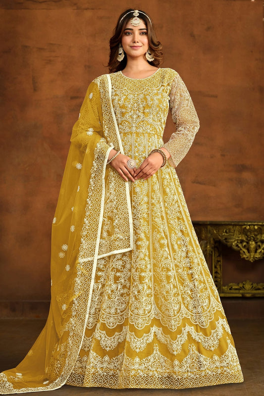 Yellow Semi Stitched Net Anarkali Suit NCSM10510294