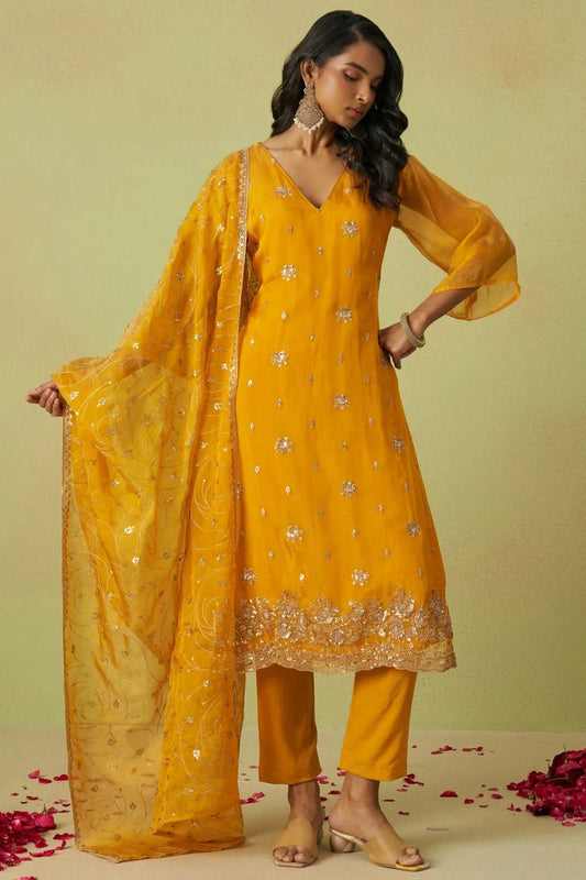 Yellow Semi Stitched Shimmer Organza Pant Style Suit NCSM11111019