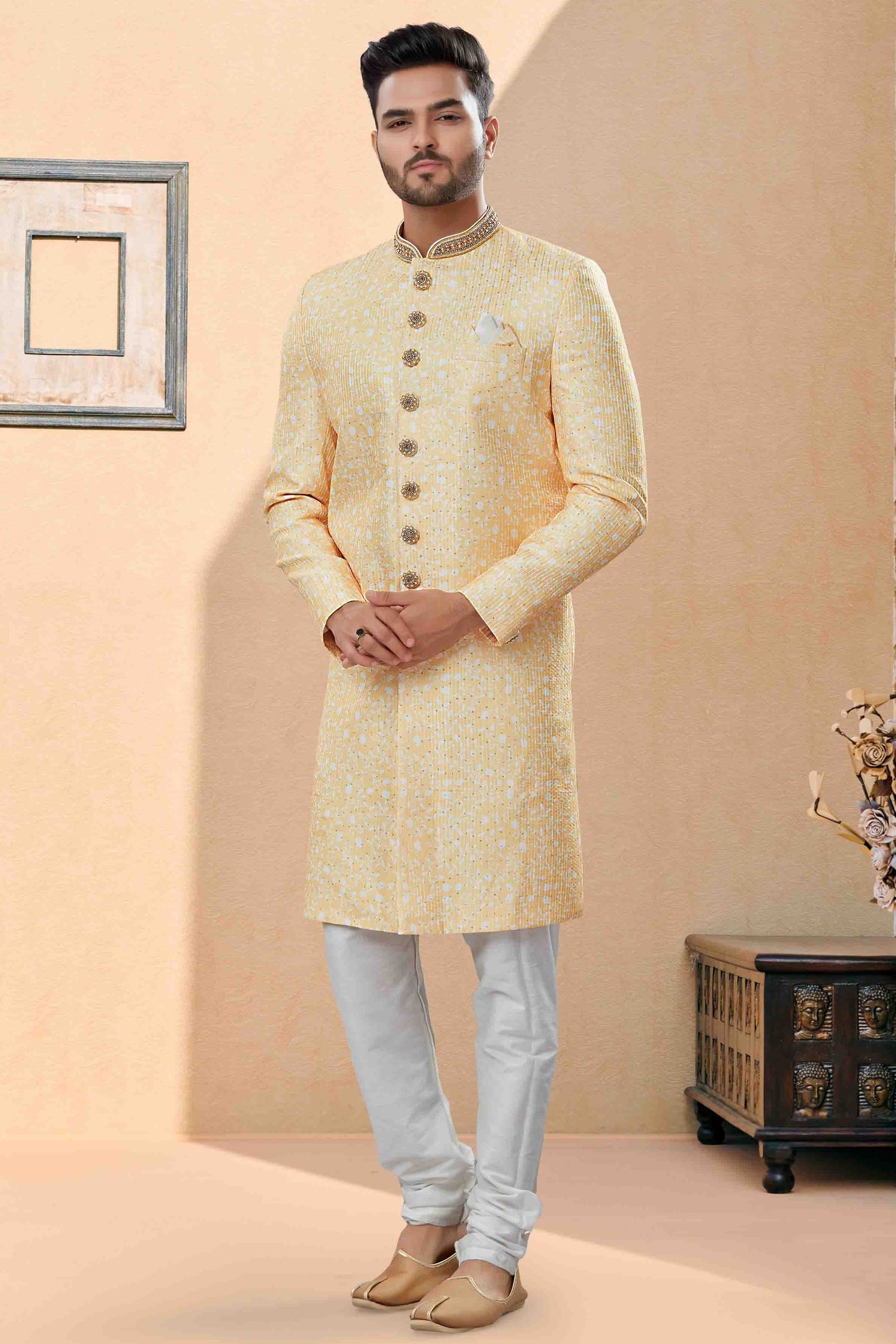 Yellow Sherwani In Silk  NCSH10410506