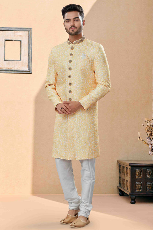 Yellow Sherwani In Silk  NCSH10410506