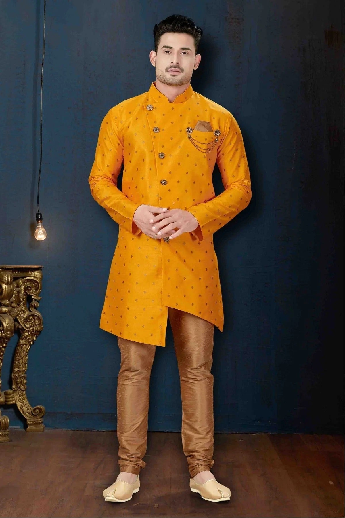 Yellow Silk Party Wear Indo Western Sherwani NCSH10410337