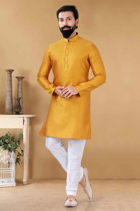 Yellow Silk Kurta Pajama NCKP11310174