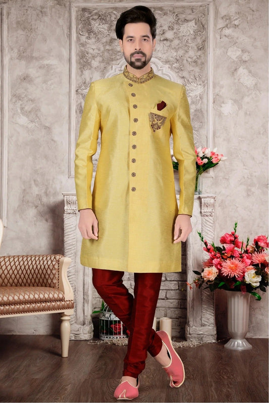 Yellow Slub Silk Sherwani NCSH10410405