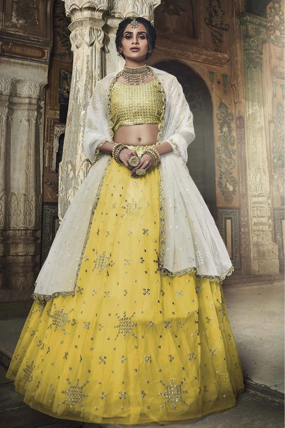 Yellow Soft Net Sequins Lehenga Choli NCLC10810599