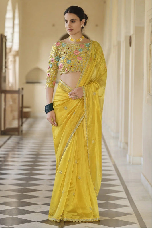 Yellow Soft Net Sequins Saree NCSD10810611