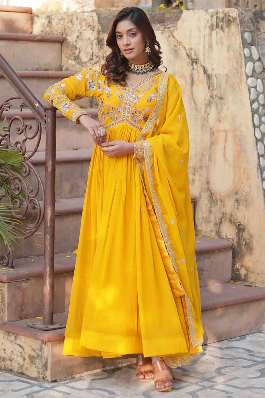 Yellow Stitched Faux Georgette Gown NCGW11111005