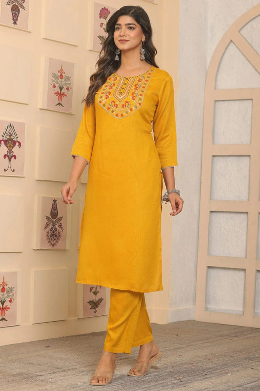 Yellow Stitched Rayon Top and Bottom  NCTP11111330