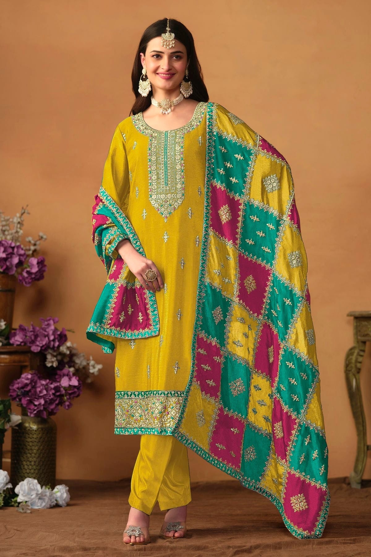 Yellow Straight SuitChinon Silk Semi Stitched  NCSM10510254
