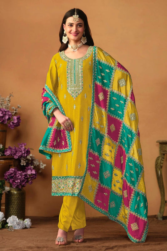 Yellow Straight SuitChinon Silk Semi Stitched  NCSM10510254