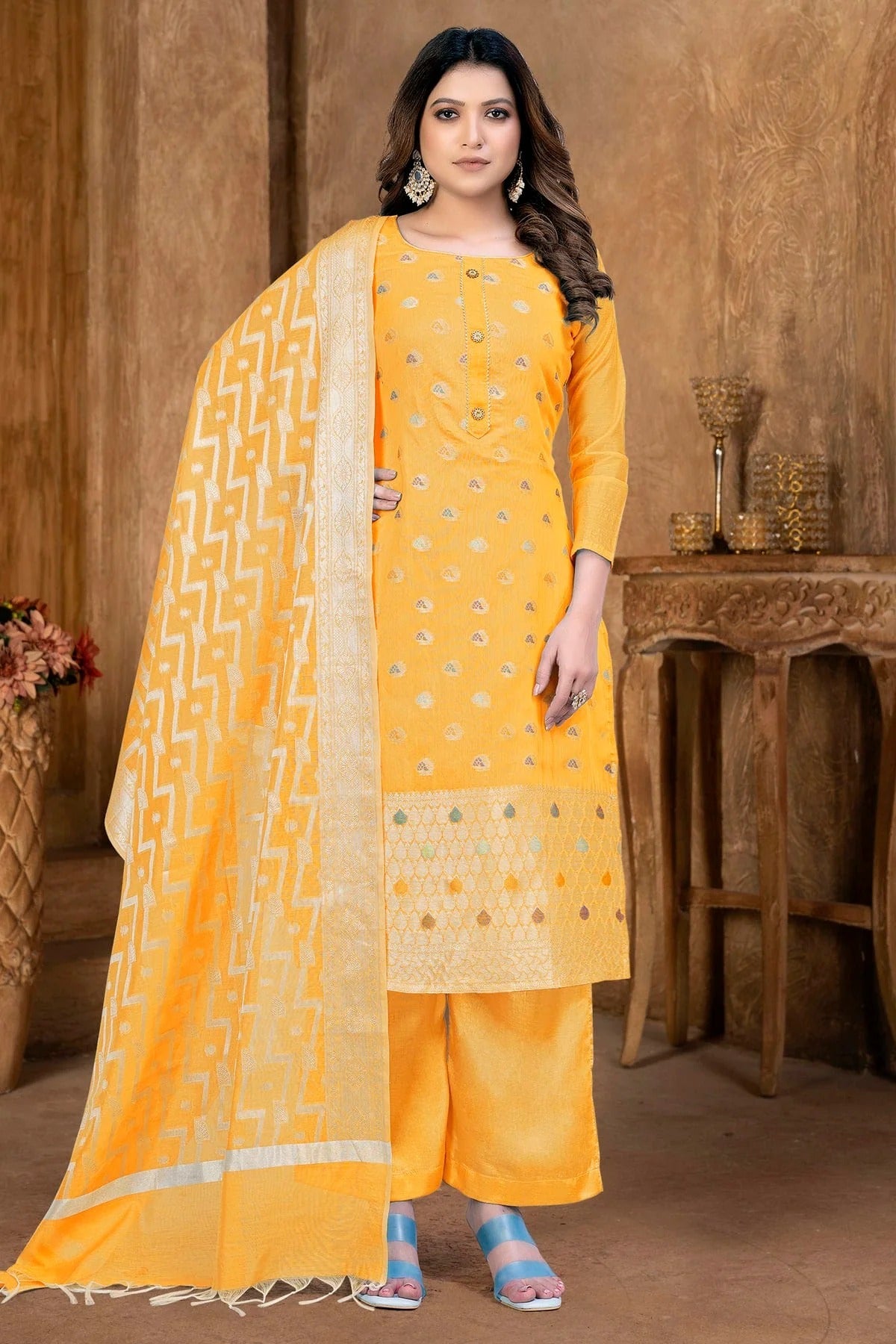 Yellow Unstitched Banarasi Jacquard Palazoo Pant Suit NCUS11610106