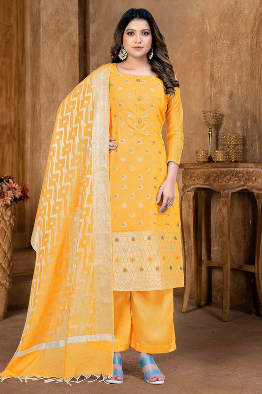Yellow Unstitched Banarasi Jacquard Palazoo Pant Suit NCUS11610106