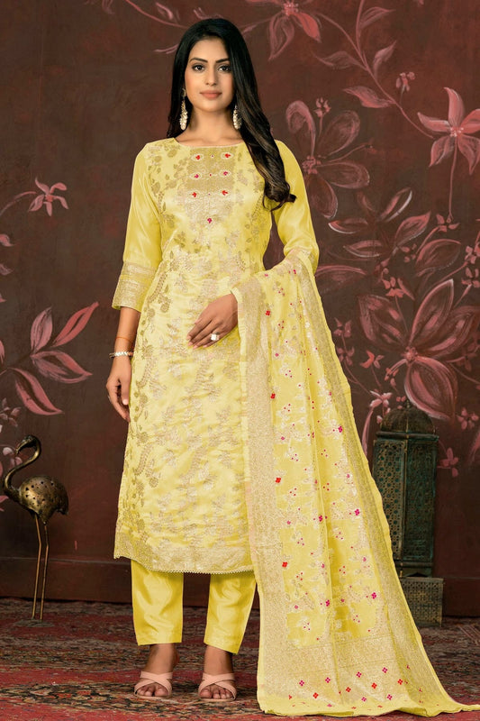 Yellow Unstitched Banarasi Jacquard Straight Suit NCUS11610138