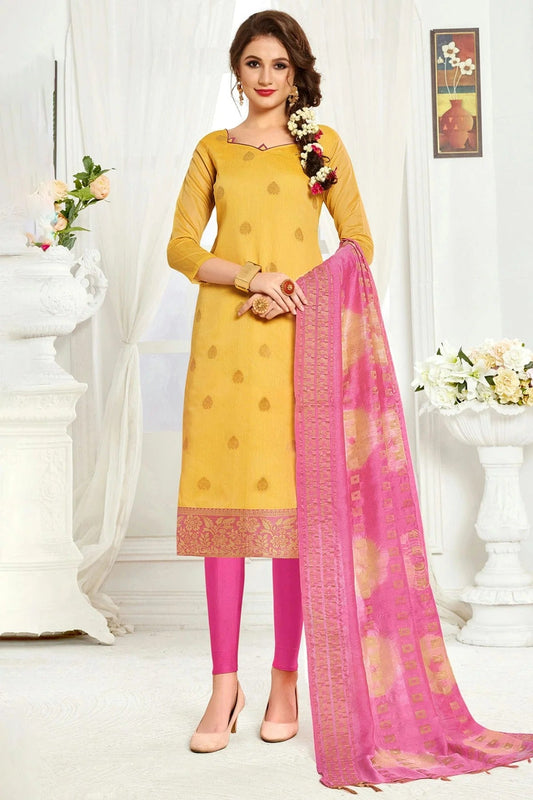Yellow Unstitched Banarasi Silk Straight Suit NCUS11610271
