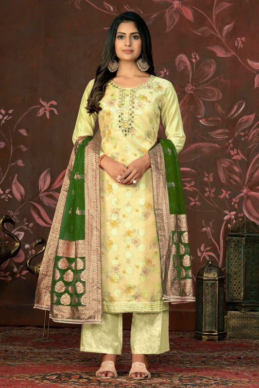 Yellow Unstitched Cotton Jacquard Straight Suit NCUS11610159