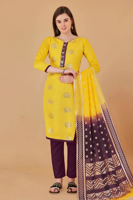 Yellow Unstitched Cotton Jacquard Straight Suit NCUS11610373