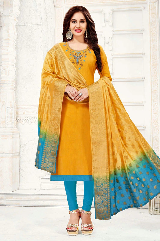 Yellow Unstitched Cotton South Slub Churidar Suit NCUS11610259