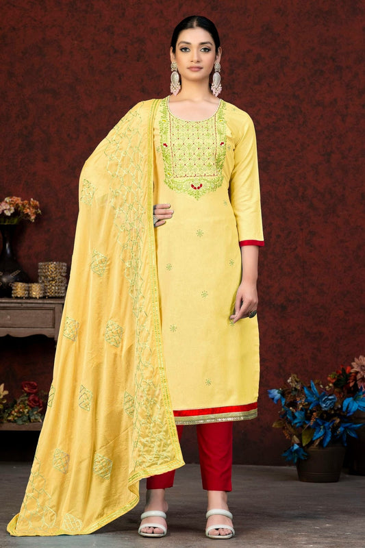Yellow Unstitched Glass Cotton Straight Suit NCUS11610368