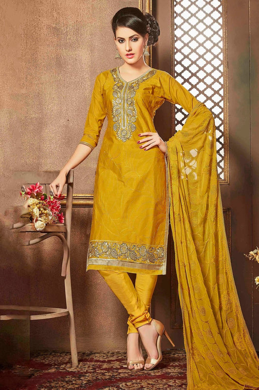 Yellow Unstitched Glaze Cotton Churidar Suit NCUS11610215