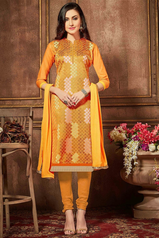 Yellow Unstitched Glaze Cotton Churidar Suit NCUS11610216