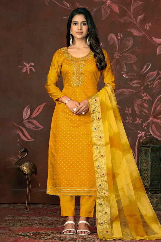Yellow Unstitched Modal Cotton Jacquard Pant Style Suit NCUS11610157