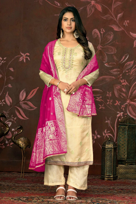 Yellow Unstitched Organza Jacquard Straight Suit NCUS11610163