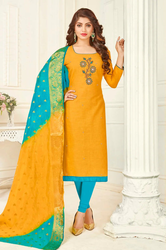Yellow Unstitched South Slub Cotton Straight Suit NCUS11610228