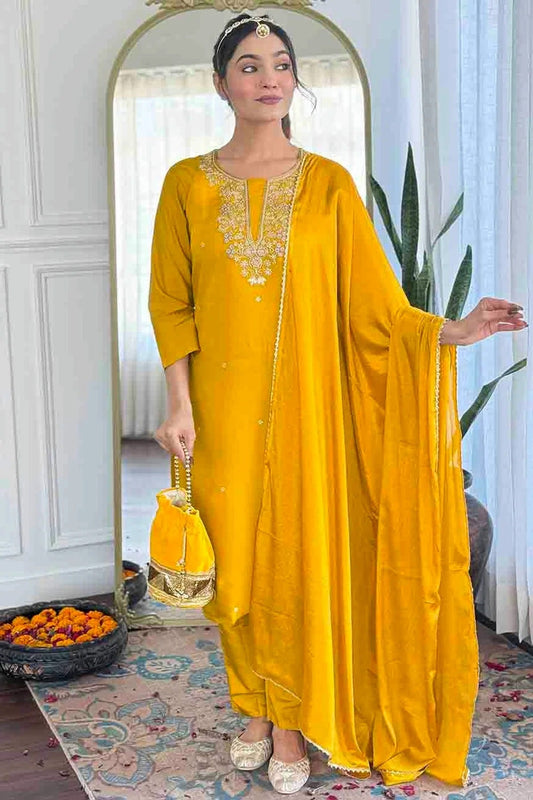 Yellow Viscose Chanderi Embroidery Pant Style Suit NCSS11110315