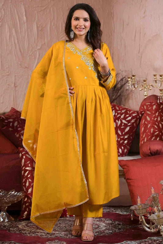 Yellow Viscose Chanderi Stitched Pant Style Suit NCSS11110198