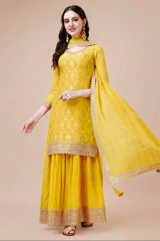Yellow Viscose Chinon Sharara Suit NCSM11112328