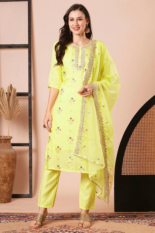 Yellow Viscose Jacquard Stitched Salwar Suit NCSS11111933