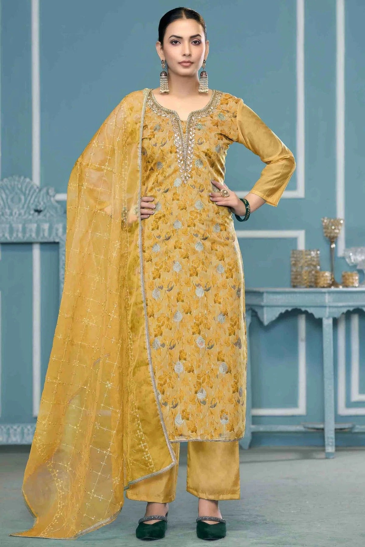 Yellow Viscose Organza Pant Style Suit NCSM11110751