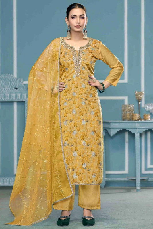 Yellow Viscose Organza Pant Style Suit NCSM11110751