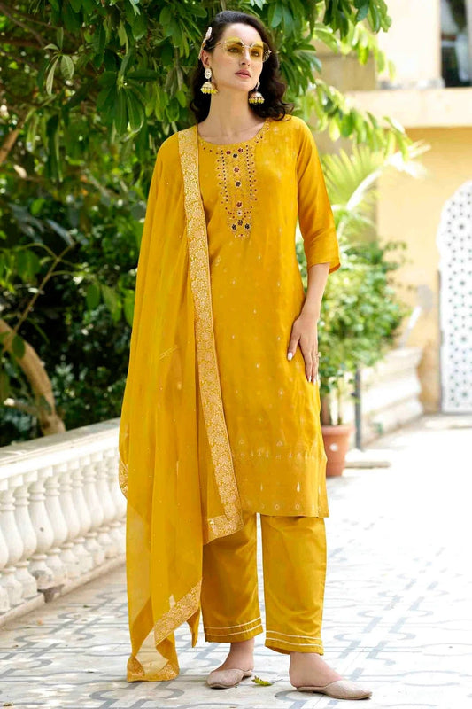 Yellow Viscose Rayon Woven Pant Style Suit NCSS11110381