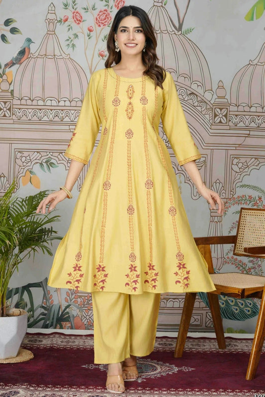 Yellow Viscose Roman Silk Stitched Top and Bottom  NCSS11110145