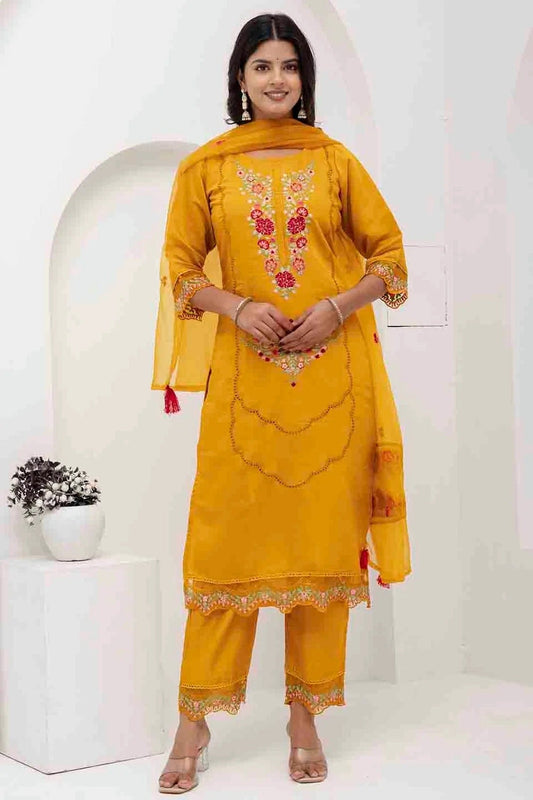 Yellow Viscose Silk Embroidery Pant Style Suit NCSS11110384