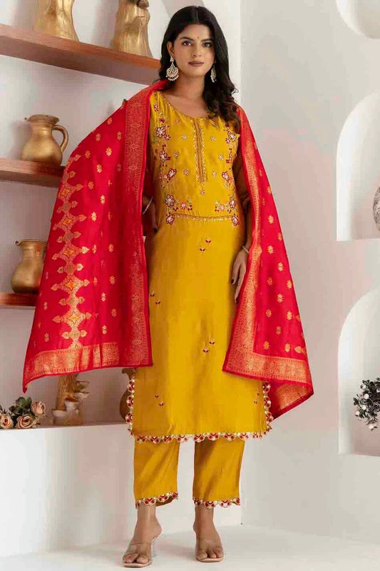 Yellow Viscose Silk Embroidery and Woven Pant Style Suit NCSS11110326