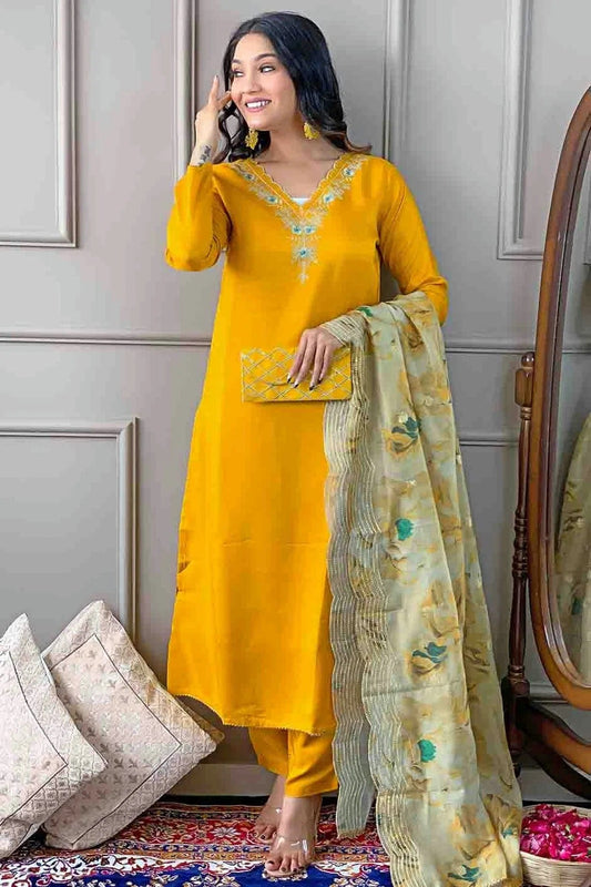 Yellow Viscose Stitched Pant Style Suit NCSS11110226