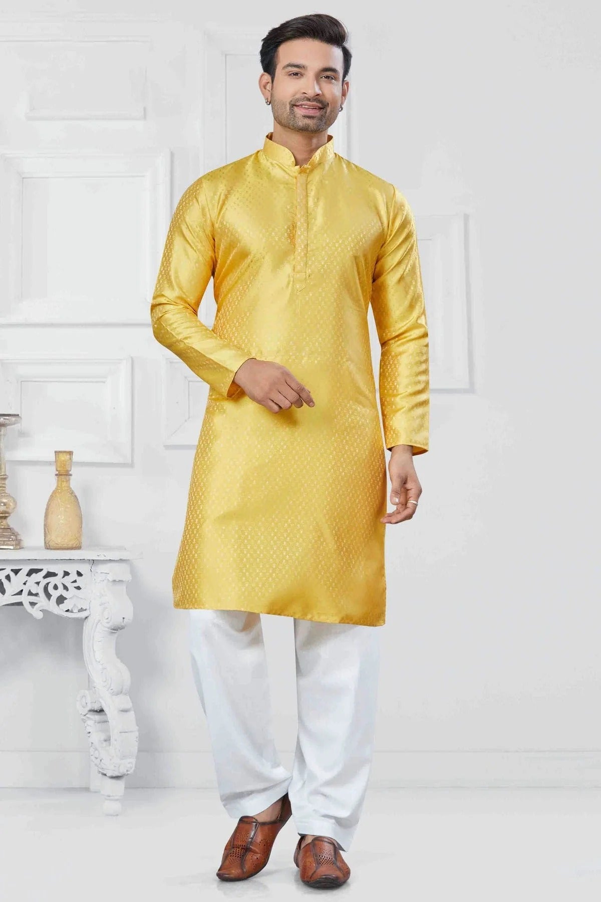 Yellow Woven Jacquard Silk Kurta Pajama NCKP11110536