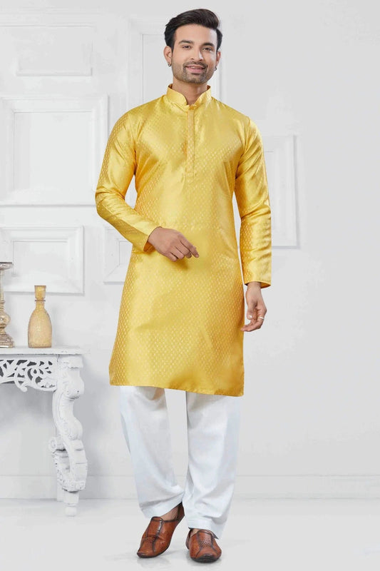 Yellow Woven Jacquard Silk Kurta Pajama NCKP11110536
