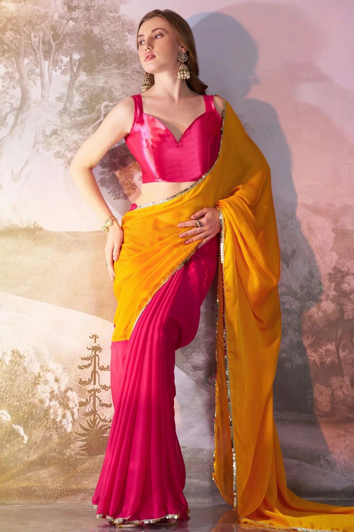 Yellow and Pink Chiffon Saree NCSD11111054