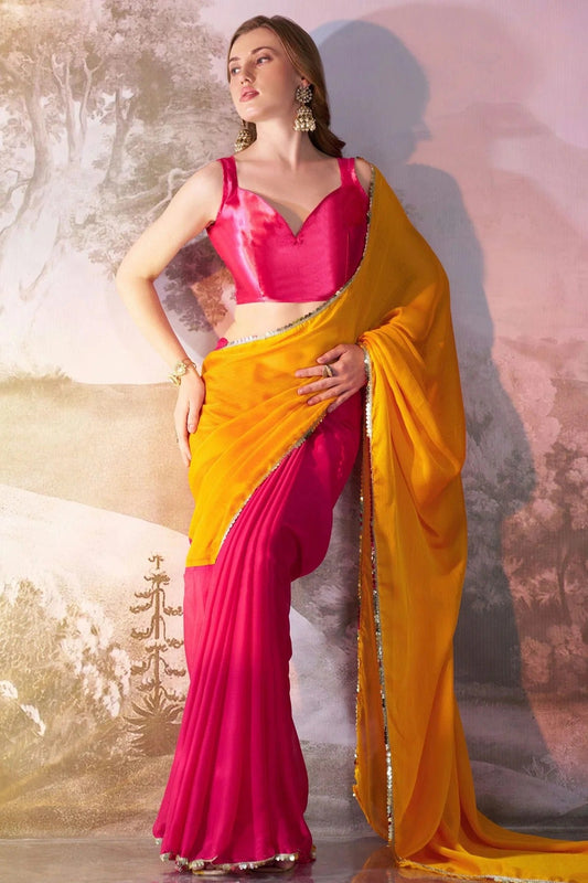 Yellow and Pink Chiffon Saree NCSD11111054