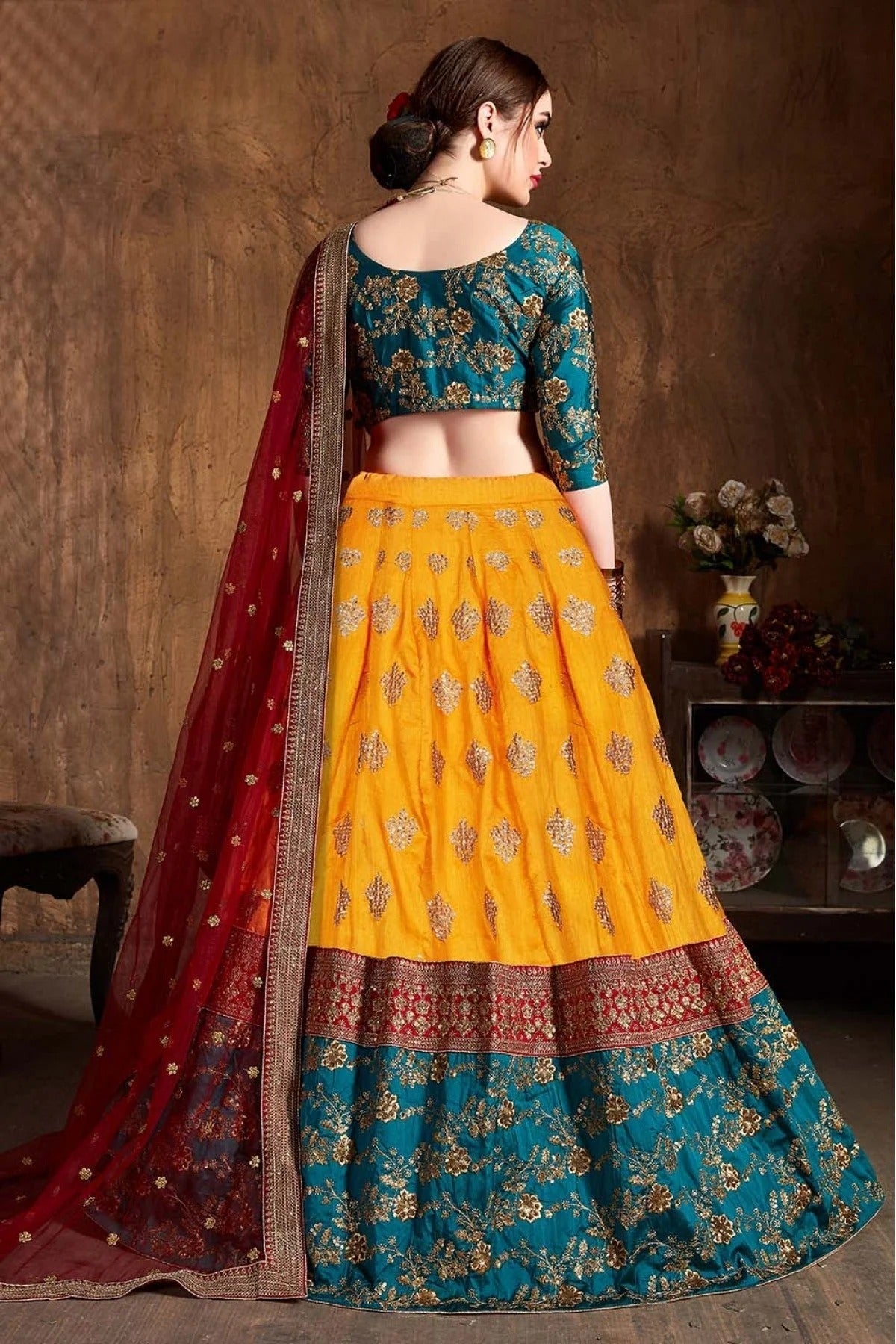 Yellow and Teal Banarasi Silk Lehenga Choli NCLC10110310
