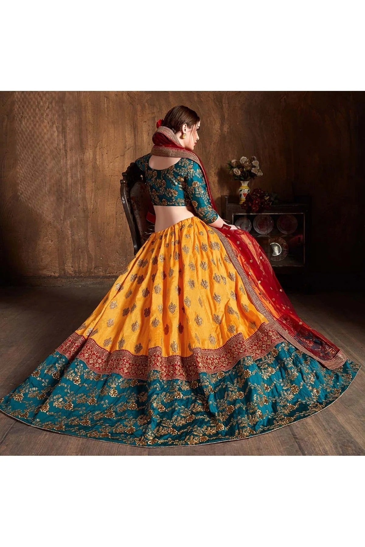 Yellow and Teal Banarasi Silk Lehenga Choli NCLC10110310