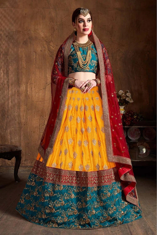 Yellow and Teal Banarasi Silk Lehenga Choli NCLC10110310