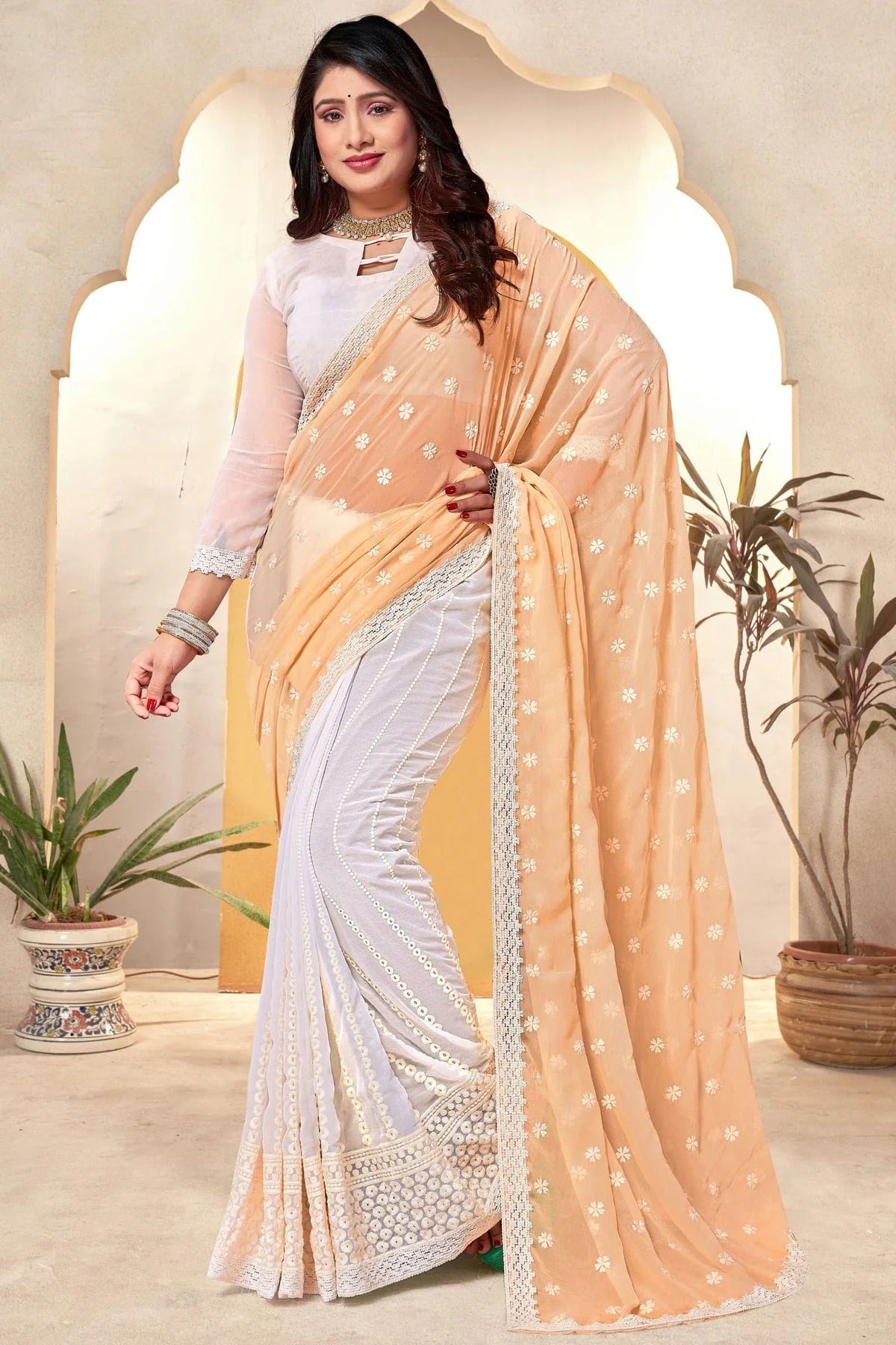 Yellow and White Georgette Half N Half Saree NCSD10910222